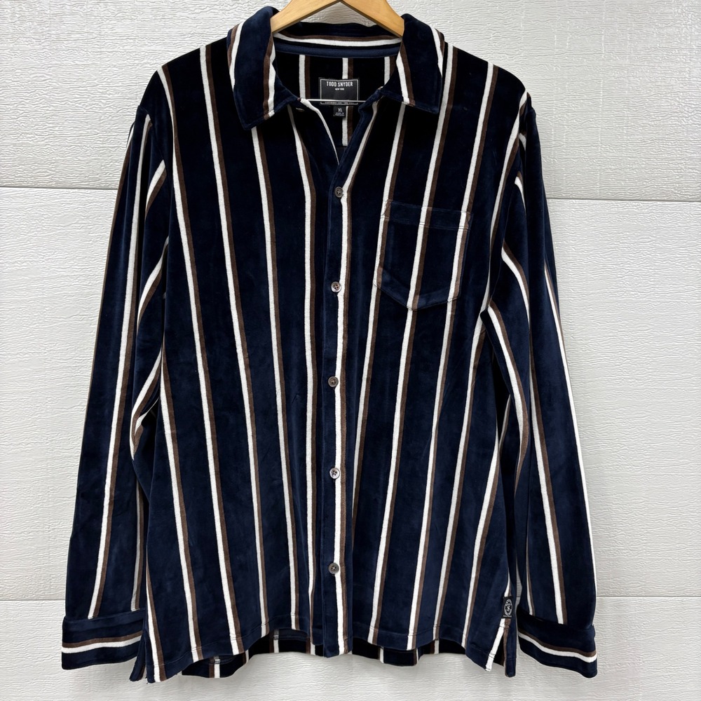 Todd Snyder Mens XL Navy Blue Striped Velour Button Down Long Sleeve Shirt